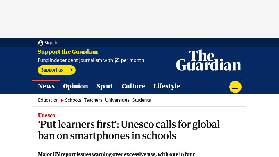 Screenshot of theguardian.com: Unesco calls for global ban on smartphones in schools