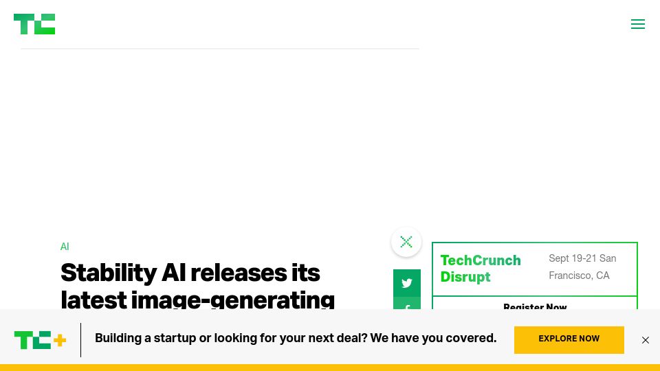 Screenshot of techcrunch.com: Stable Diffusion XL 1.0