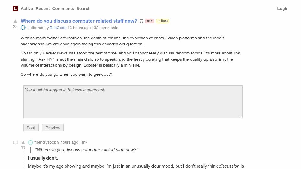 Screenshot of lobste.rs: Where do you discuss computer related stuff now?