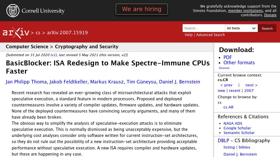 Screenshot of arxiv.org: BasicBlocker: ISA Redesign to Make Spectre-Immune CPUs Faster (2021)
