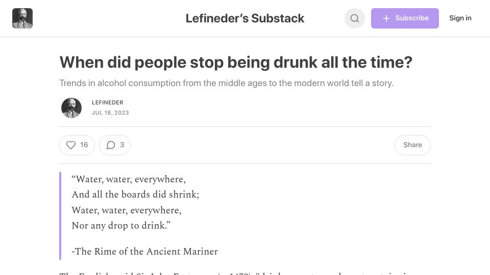 Screenshot of lefineder.substack.com: When did people stop being drunk all the time?