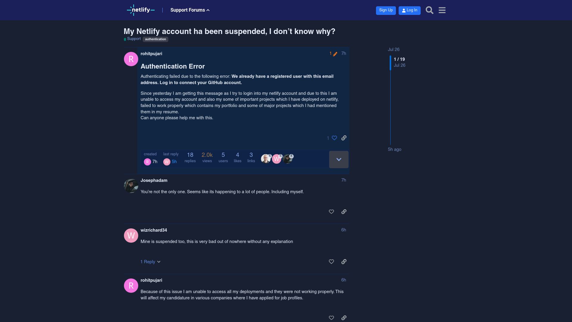 Screenshot of answers.netlify.com: My Netlify account has been suspended, I don’t know why?