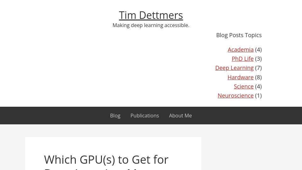 Screenshot of timdettmers.com: Which GPU(s) to Get for Deep Learning