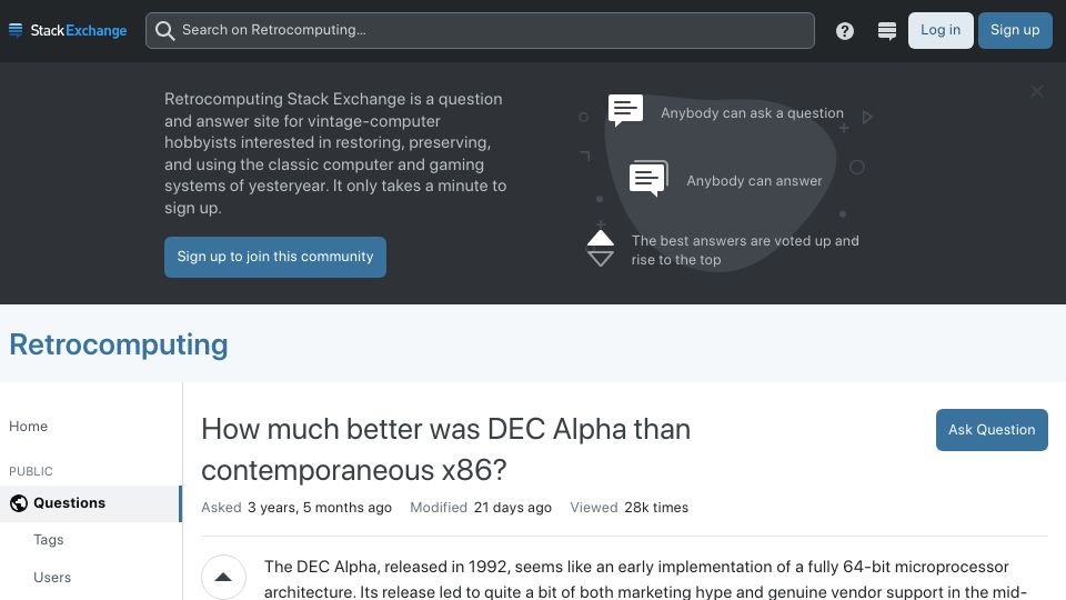 Screenshot of retrocomputing.stackexchange.com: How much better was DEC Alpha than contemporaneous x86? (2020)