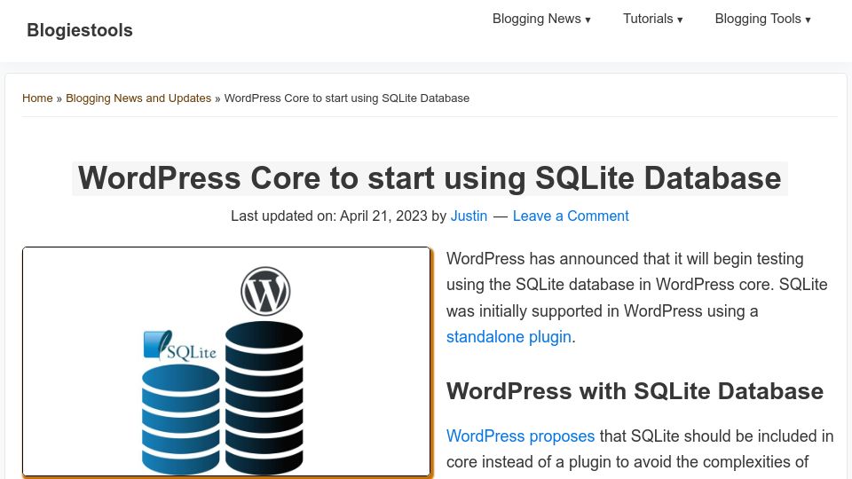 Screenshot of make.wordpress.org: WordPress Core to start using SQLite