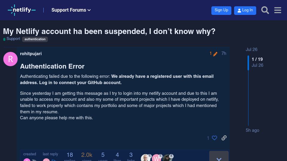 Screenshot of answers.netlify.com: My Netlify account has been suspended, I don’t know why?