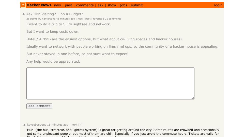 Screenshot of Hacker News post: Ask HN: Visiting SF on a Budget?