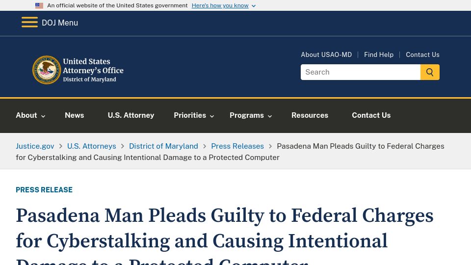 Screenshot of justice.gov: Man spoofs threatening texts from ex-gf, gets her jailed multiple times (2020)