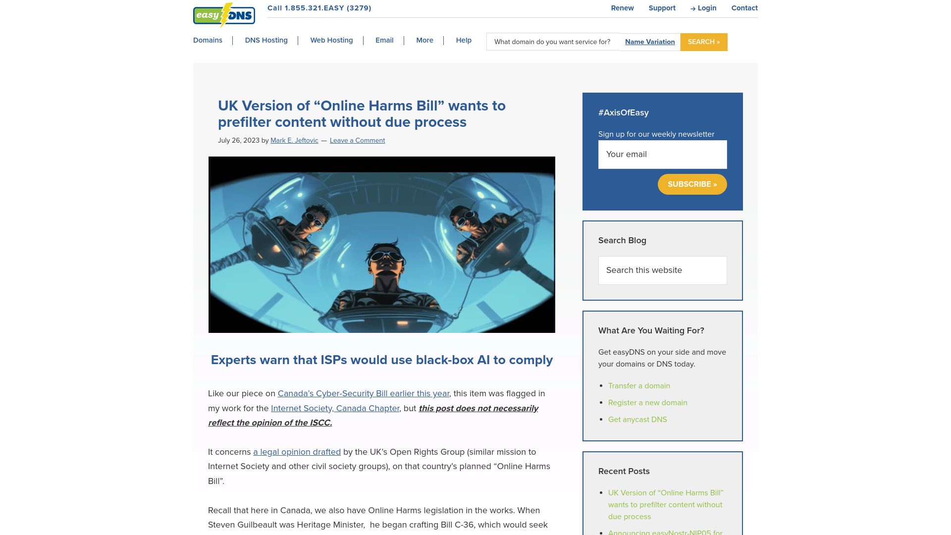 Screenshot of easydns.com: UK version of “Online Harms Bill” wants to prefilter content without due process