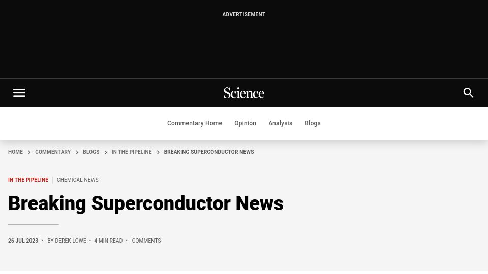 Screenshot of science.org: Superconductor news: What’s claimed, and how strong the evidence seems to be
