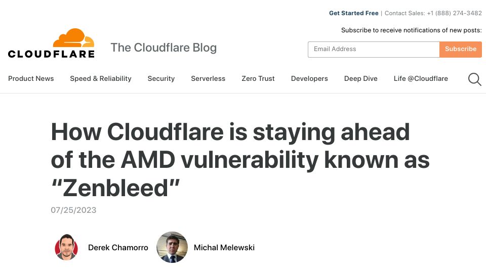 Screenshot of blog.cloudflare.com: Staying ahead of the AMD vulnerability known as “Zenbleed”