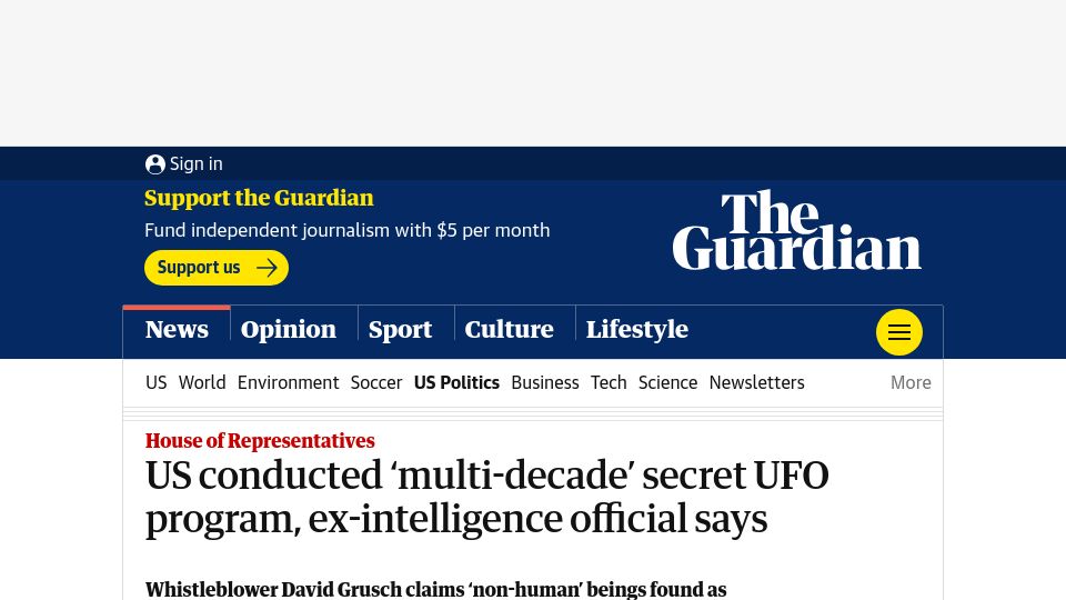 Screenshot of theguardian.com: US conducted ‘multi-decade’ secret UFO program, ex-intelligence official says