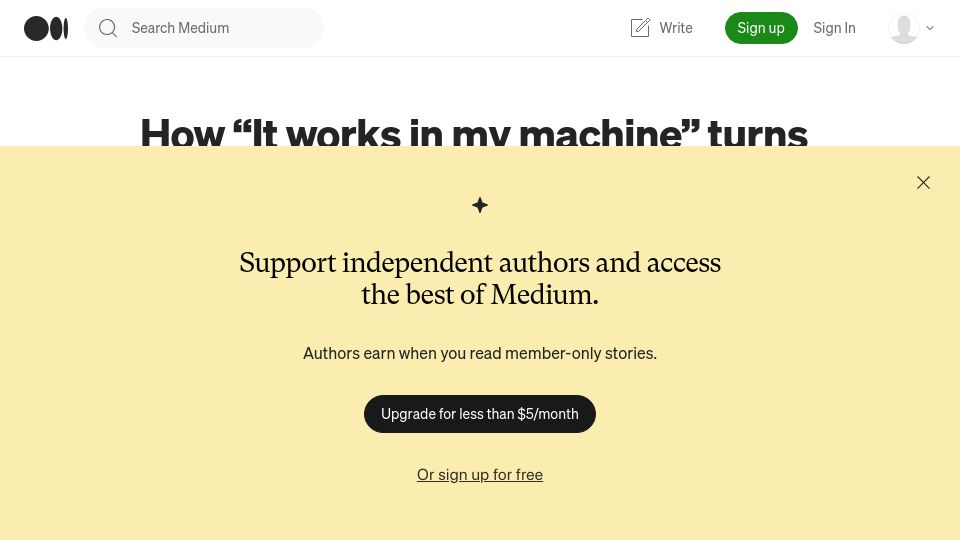Screenshot of dwdraju.medium.com: “It works on my machine” turns to “it works in my container”