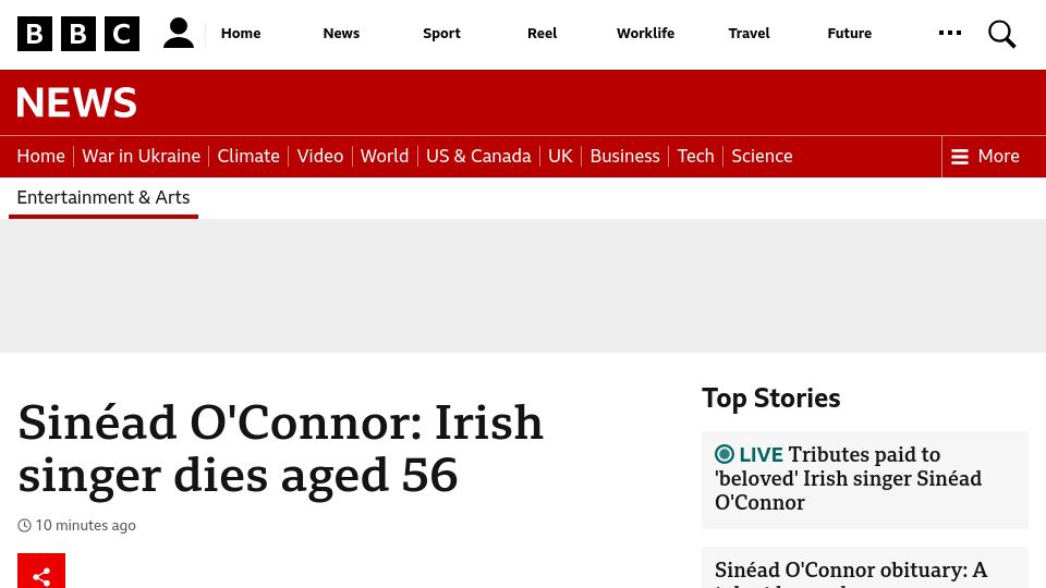 Screenshot of bbc.com: Irish singer Sinéad O'Connor dies aged 56