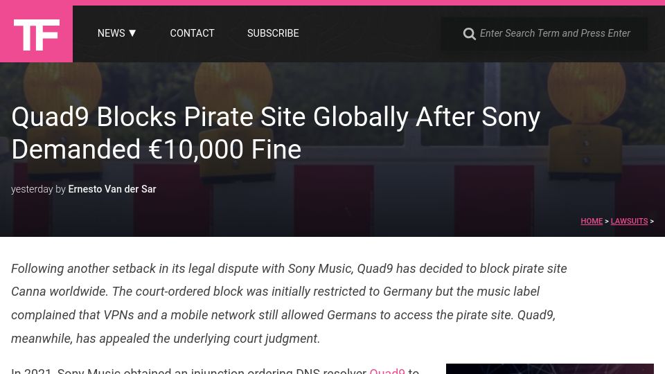 Screenshot of torrentfreak.com: Quad9 blocks pirate site globally after Sony demanded €10k fine
