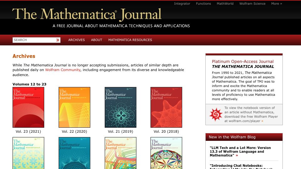 Screenshot of mathematica-journal.com: The Mathematica Journal is no longer accepting submissions