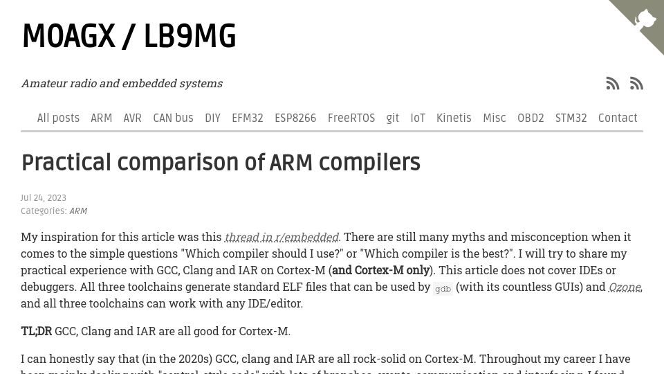 Screenshot of m0agx.eu: Practical comparison of ARM compilers