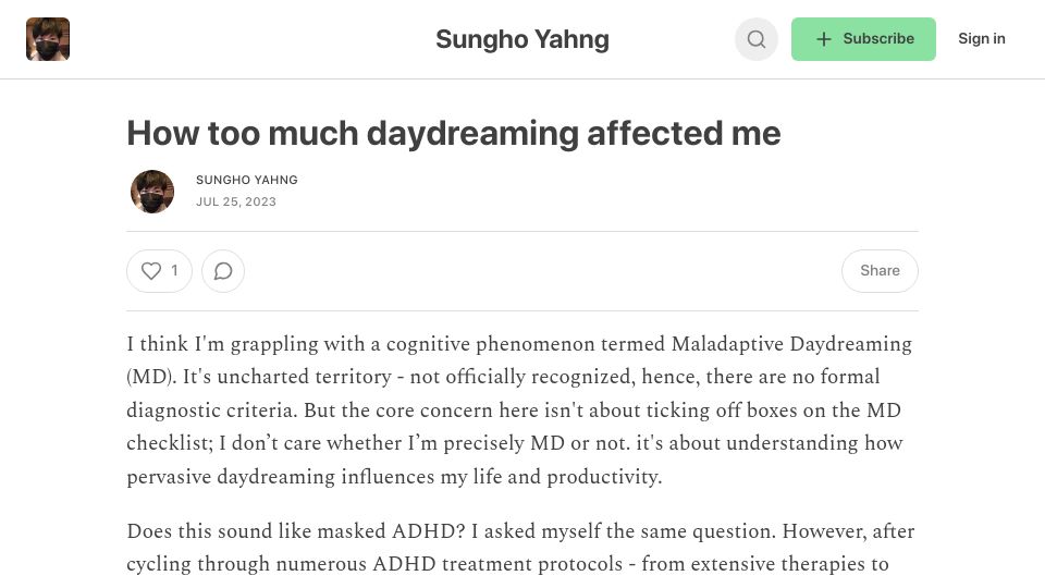 Screenshot of sunghoyahng.substack.com: How too much daydreaming affected me