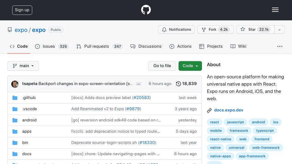 Screenshot of github.com: Expo – Open-source platform for making universal apps for Android, iOS, and web