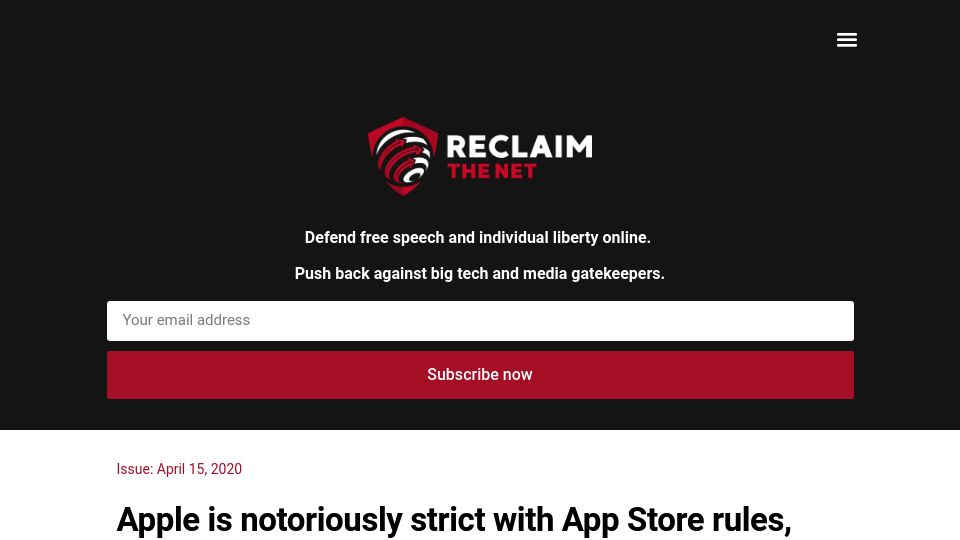 Screenshot of reclaimthenet.org: Apple's infamously strict on App Store rules but gives WeChat a free pass (2020)