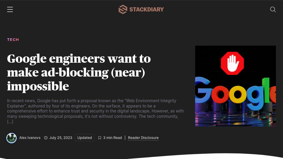 Screenshot of stackdiary.com: Google engineers want to make ad-blocking (near) impossible