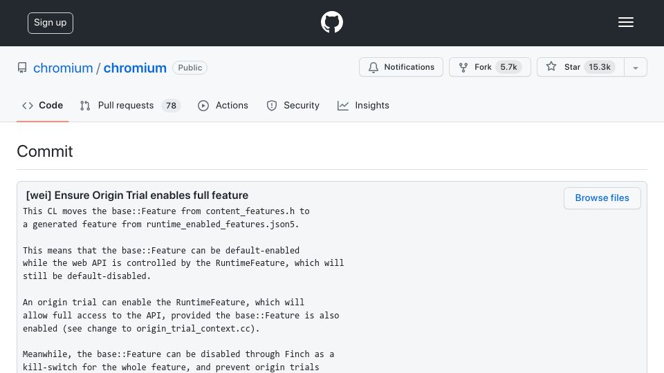 Screenshot of github.com: Google is already pushing WEI into Chromium