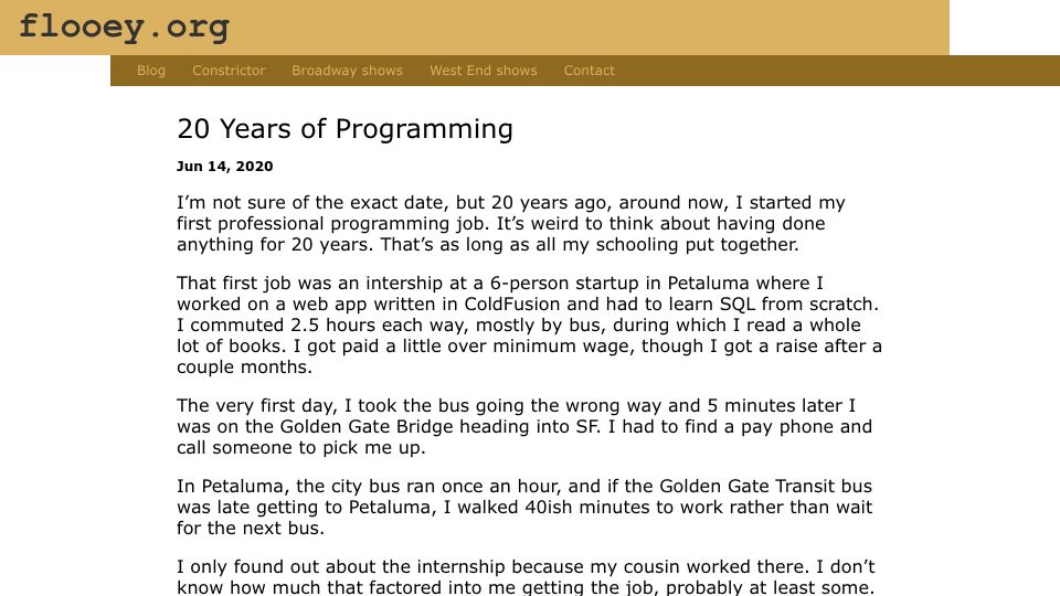 Screenshot of flooey.org: 20 Years of Programming (2020)