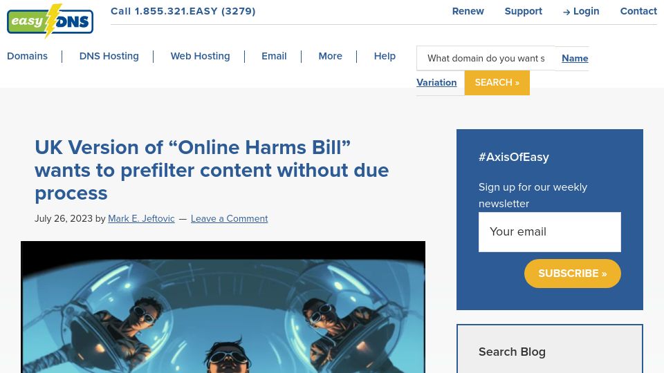 Screenshot of easydns.com: UK version of “Online Harms Bill” wants to prefilter content without due process