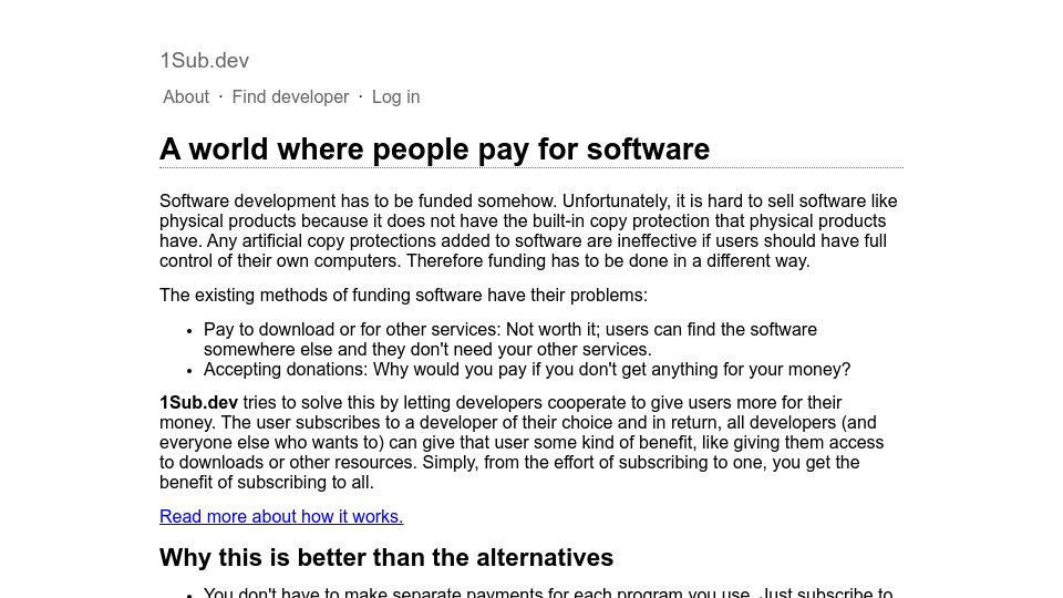 Screenshot of 1sub.dev: A world where people pay for software