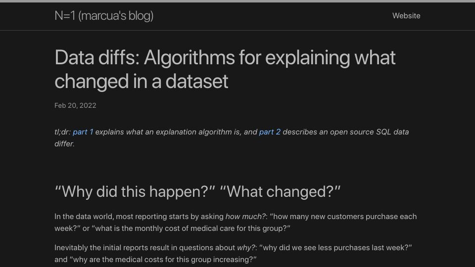 Screenshot of blog.marcua.net: Data diffs: Algorithms for explaining what changed in a dataset (2022)