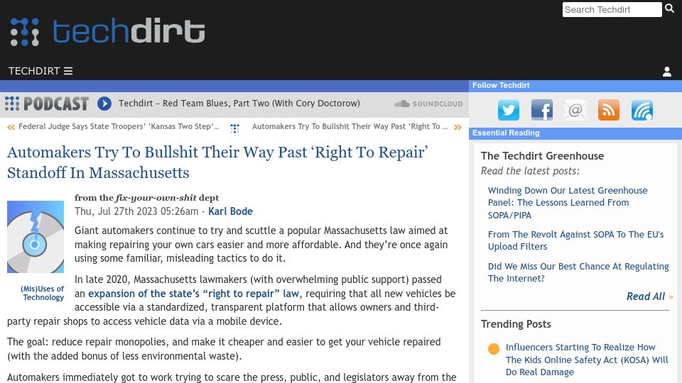 Screenshot of techdirt.com: Automakers try to scuttle Massachusetts ‘right to repair’ law