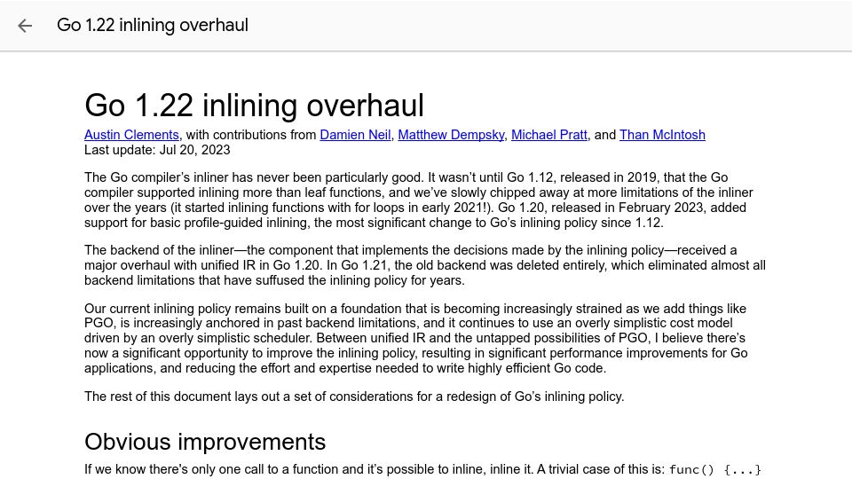 Screenshot of docs.google.com: Go 1.22 Inlining Overhaul