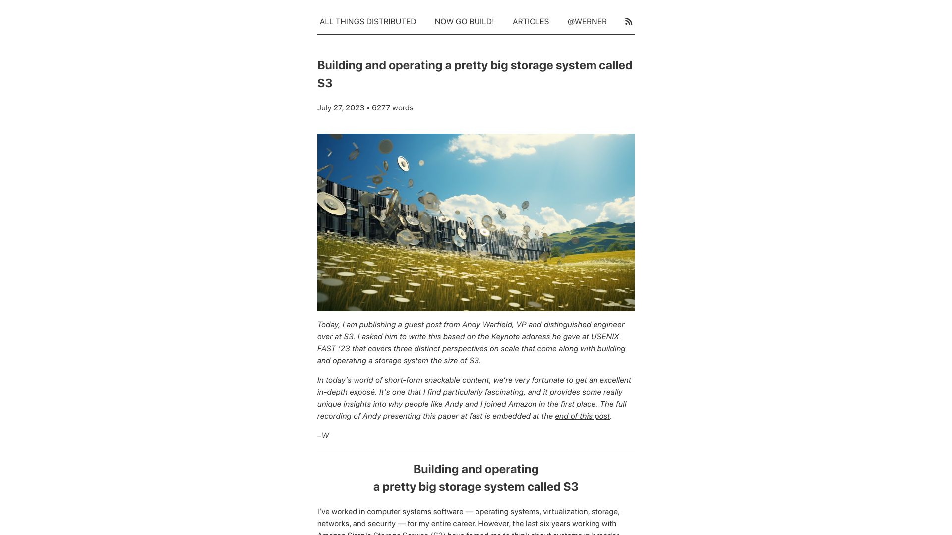 Screenshot of allthingsdistributed.com: Building and operating a pretty big storage system called S3