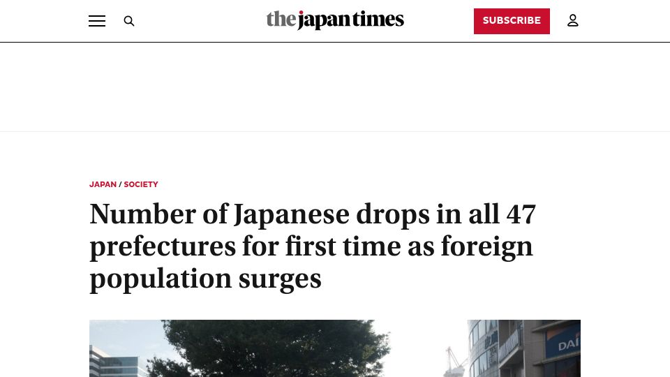 Screenshot of japantimes.co.jp: Japanese population falls in all 47 prefectures for the first time