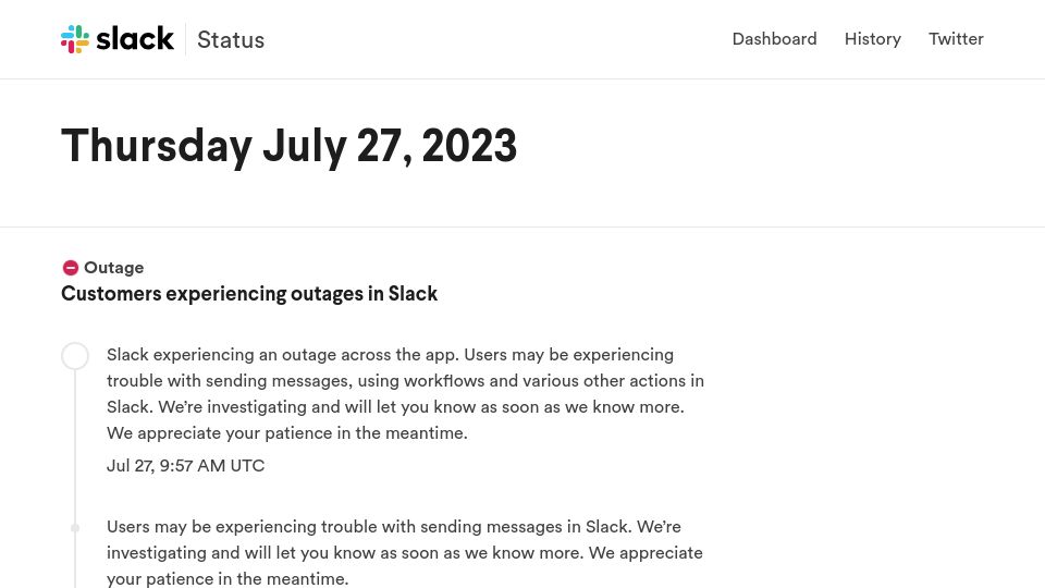 Screenshot of status.slack.com: Slack Is Down