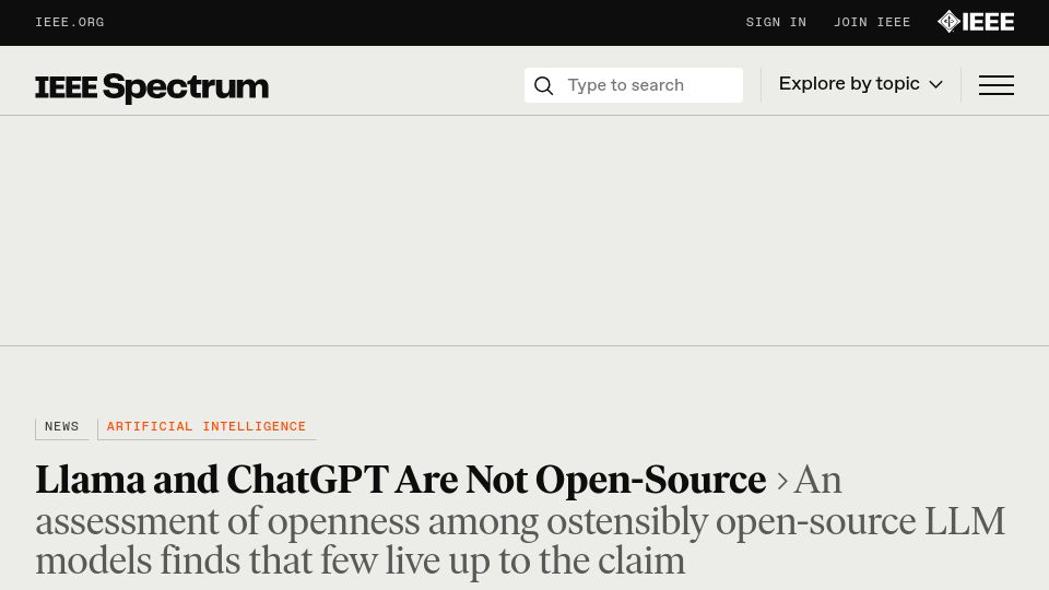 Screenshot of spectrum.ieee.org: Llama and ChatGPT Are Not Open-Source