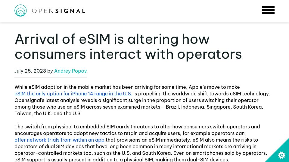 Screenshot of opensignal.com: eSIM is altering how consumers interact with operators
