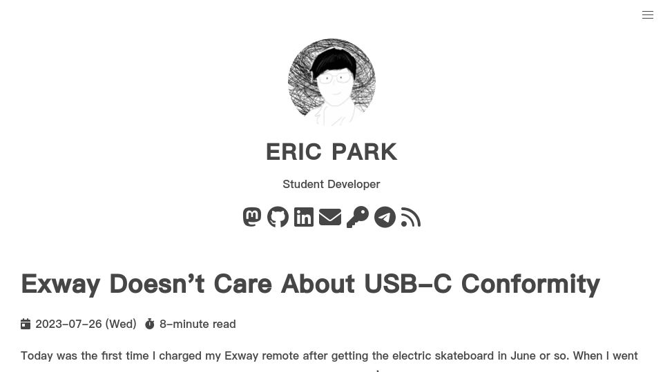Screenshot of ericswpark.com: Exway doesn't care about USB-C conformity