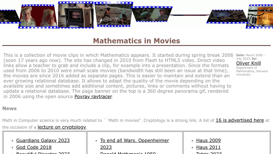 Screenshot of people.math.harvard.edu: Mathematics in Movies