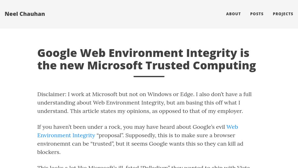 Screenshot of neelc.org: Google Web Environment Integrity Is the New Microsoft Trusted Computing