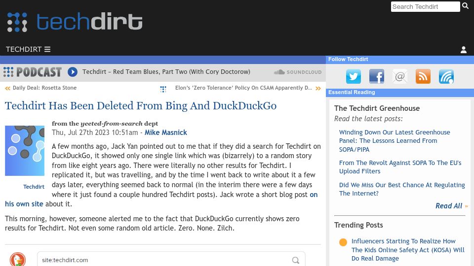 Screenshot of techdirt.com: Techdirt has been deleted from Bing and DuckDuckGo [fixed]