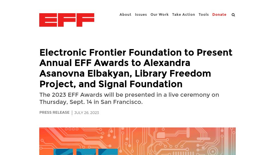 Screenshot of eff.org: Annual EFF Awards: Alexandra Elbakyan, Library Freedom Project, and Signal