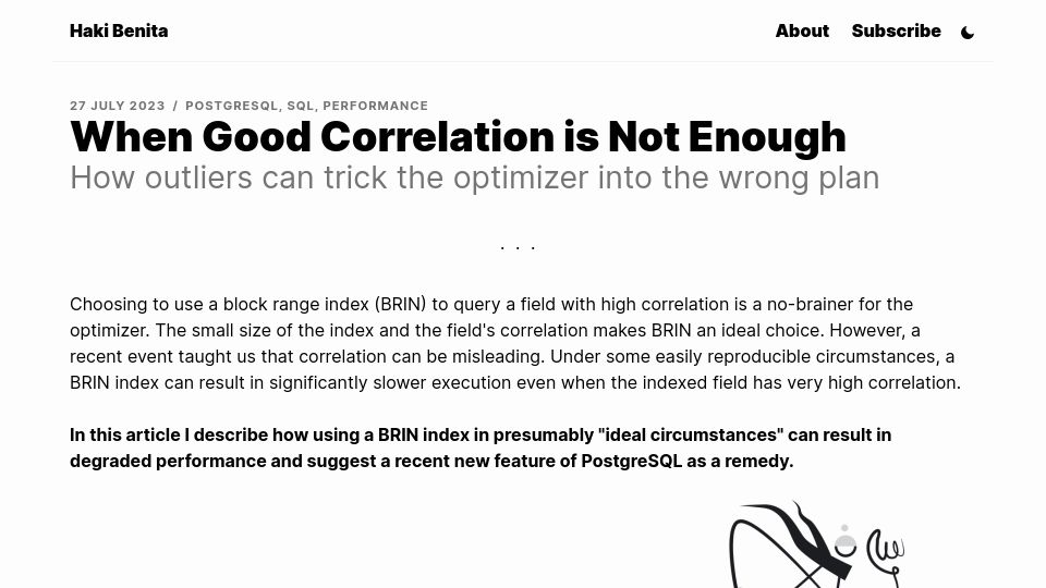 Screenshot of hakibenita.com: Outliers can trick the optimizer into the wrong plan