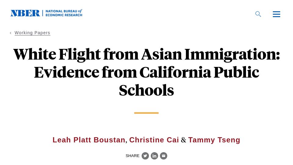 Screenshot of nber.org: White Flight from Asian Immigration: Evidence from California Public Schools