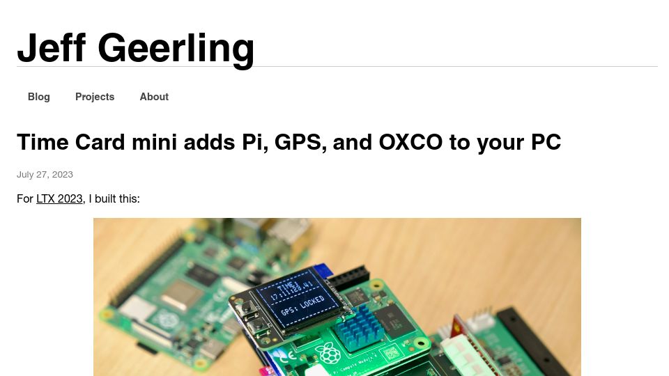 Screenshot of jeffgeerling.com: Time Card Mini Adds Pi, GPS, and OXCO to Your PC