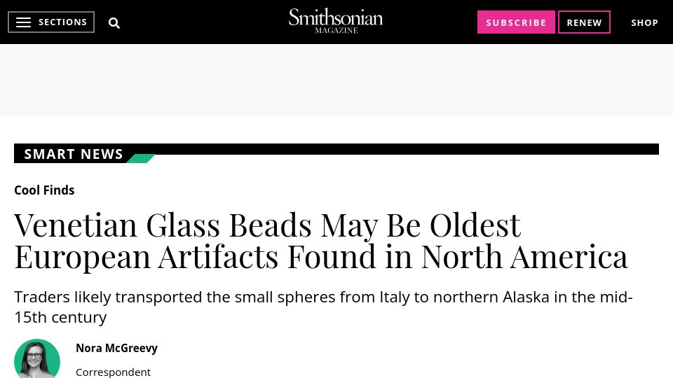 Screenshot of smithsonianmag.com: Venetian glass beads may be oldest European artifacts in North America (2021)