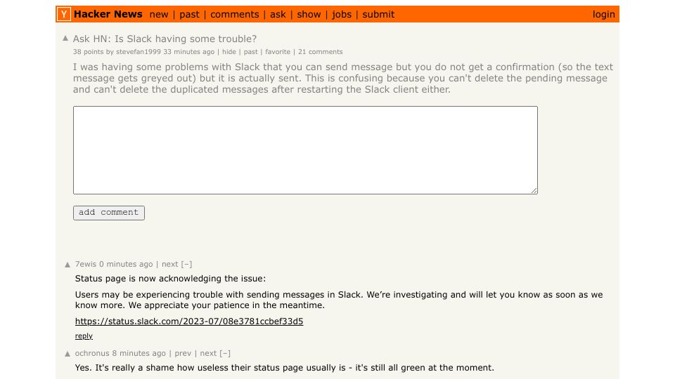 Screenshot of Hacker News post: Ask HN: Is Slack having some trouble?