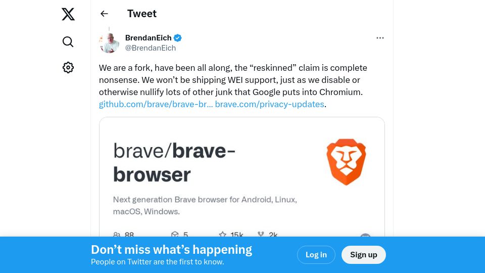 Screenshot of twitter.com: Brave is a fork, not a Chromium reskin