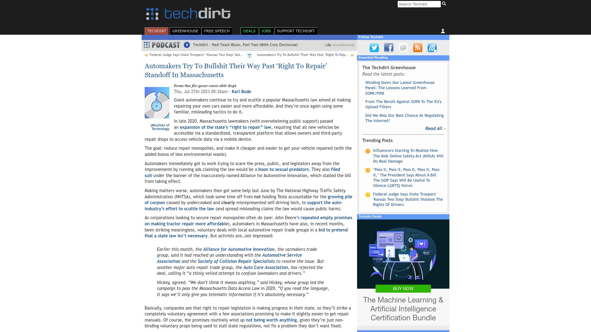 Screenshot of techdirt.com: Automakers try to scuttle Massachusetts ‘right to repair’ law