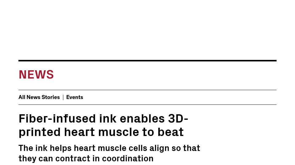 Screenshot of seas.harvard.edu: Fiber-infused ink enables 3D-printed heart muscle to beat